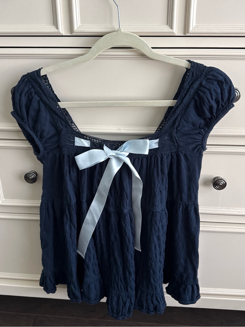 Urban outfitters Women's Navy Short Sleeve Peasant Top with Ribbon Detail